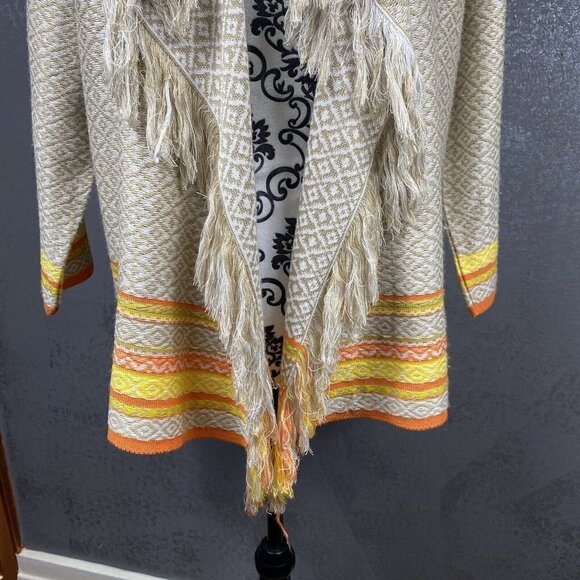 Ruby Rd Orange Yellow Brown Knit Fringe Trim Open Cardigan. Size Large - Picture 3 of 10